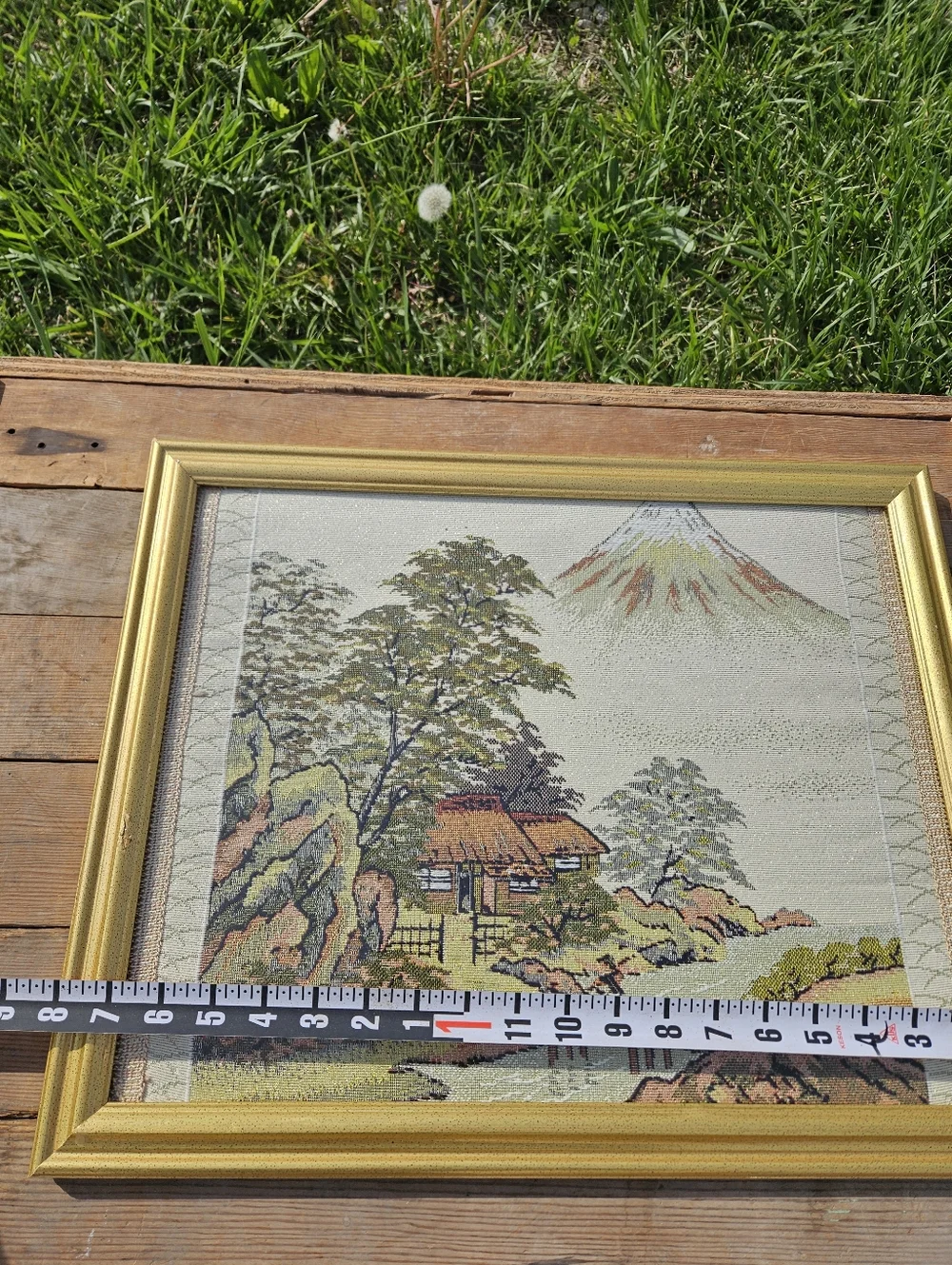 VINTAGE Japanese Tapestry Mt Fuji Landscape Framed Woven Art Garden Scene Japan